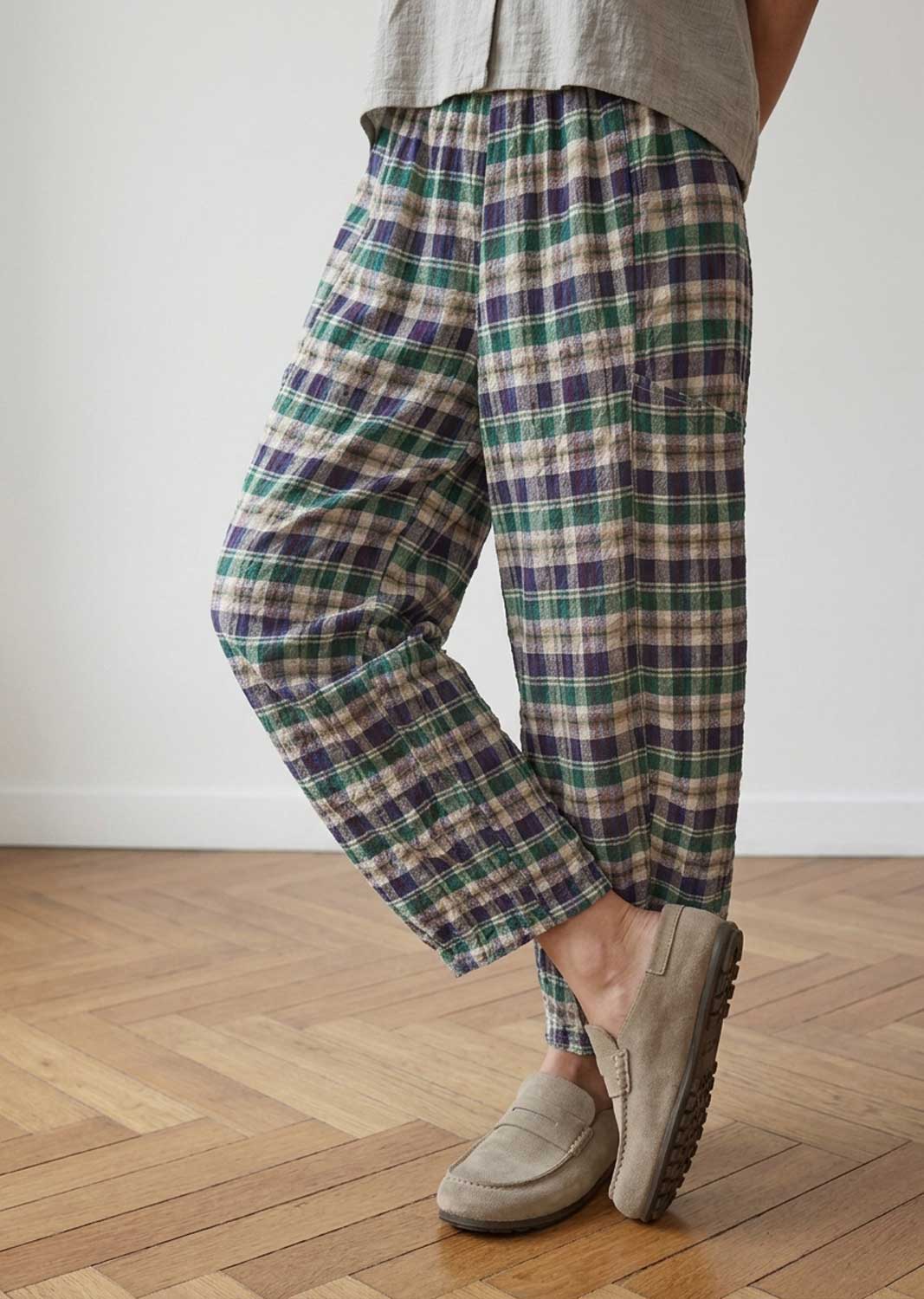 Kin Green Checked Barrel Pants