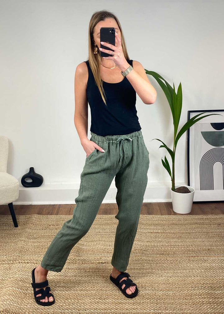 Lafayette Tapered Linen Pants in Sage Green