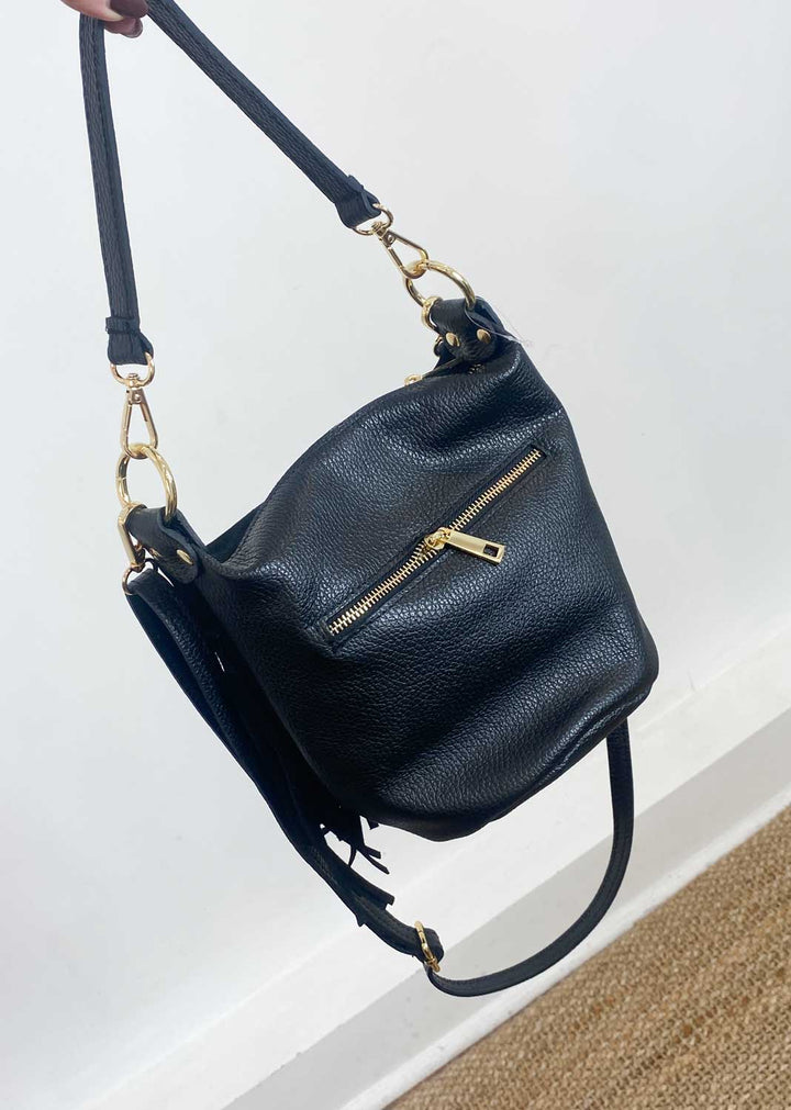Lainey Suede Fringe Bucket Bag Black