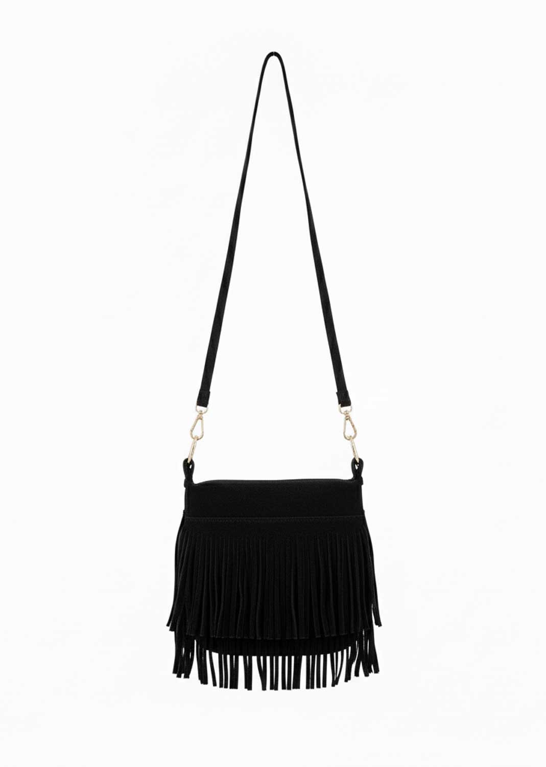 Lainey Suede Fringe Bucket Bag Black