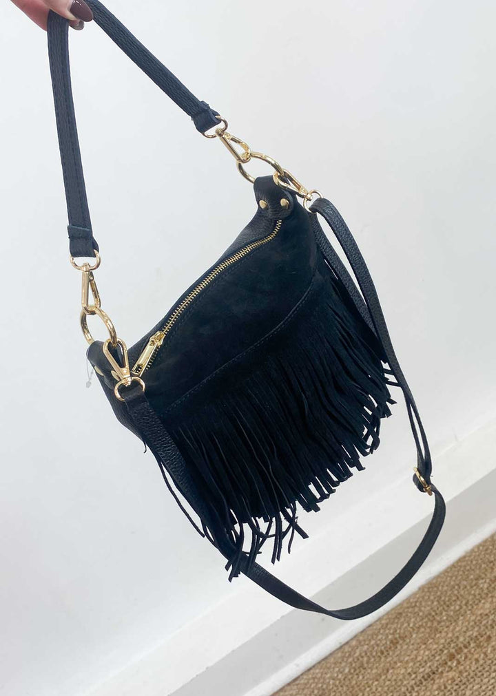 Lainey Suede Fringe Bucket Bag Black
