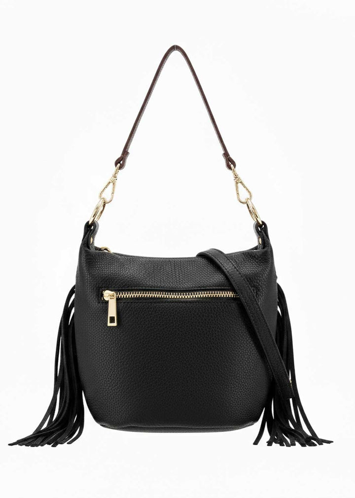 Lainey Suede Fringe Bucket Bag Black
