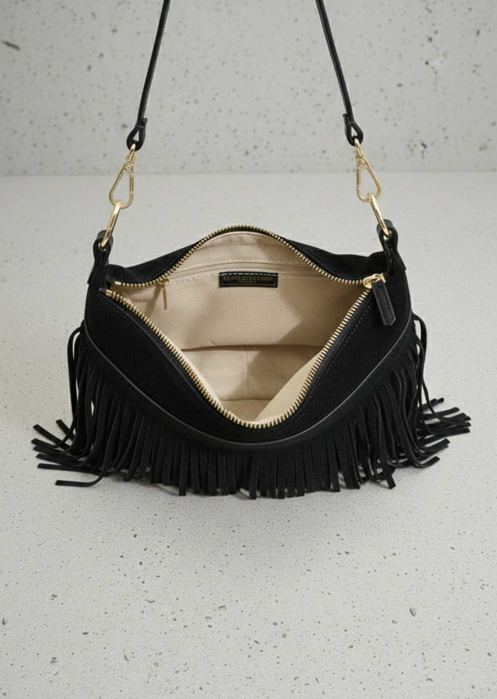 Lainey Suede Fringe Bucket Bag Black