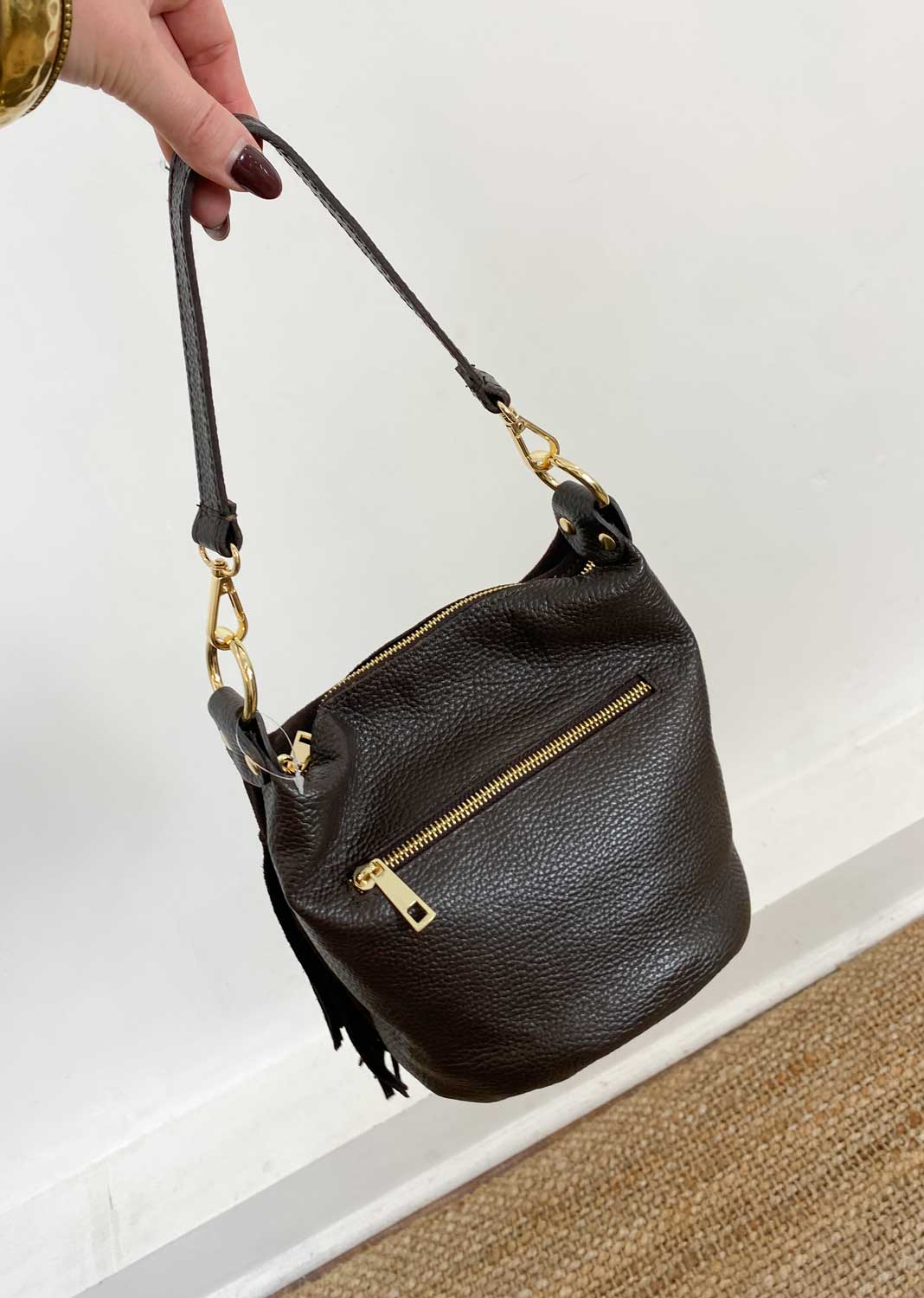 Lainey Suede Fringe Bucket Bag Brown