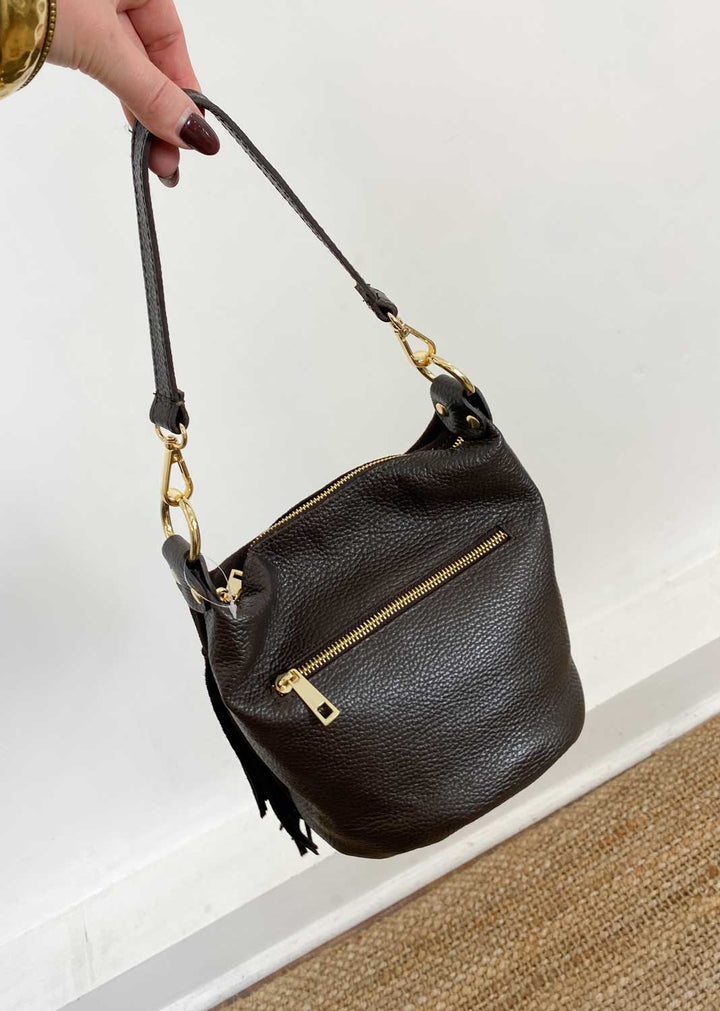 Lainey Suede Fringe Bucket Bag Brown