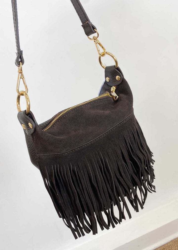 Lainey Suede Fringe Bucket Bag Brown