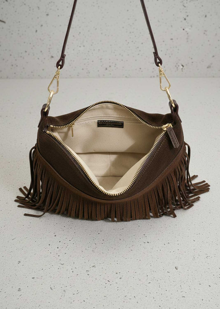 Lainey Suede Fringe Bucket Bag Brown