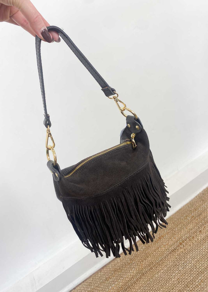 Lainey Suede Fringe Bucket Bag Brown