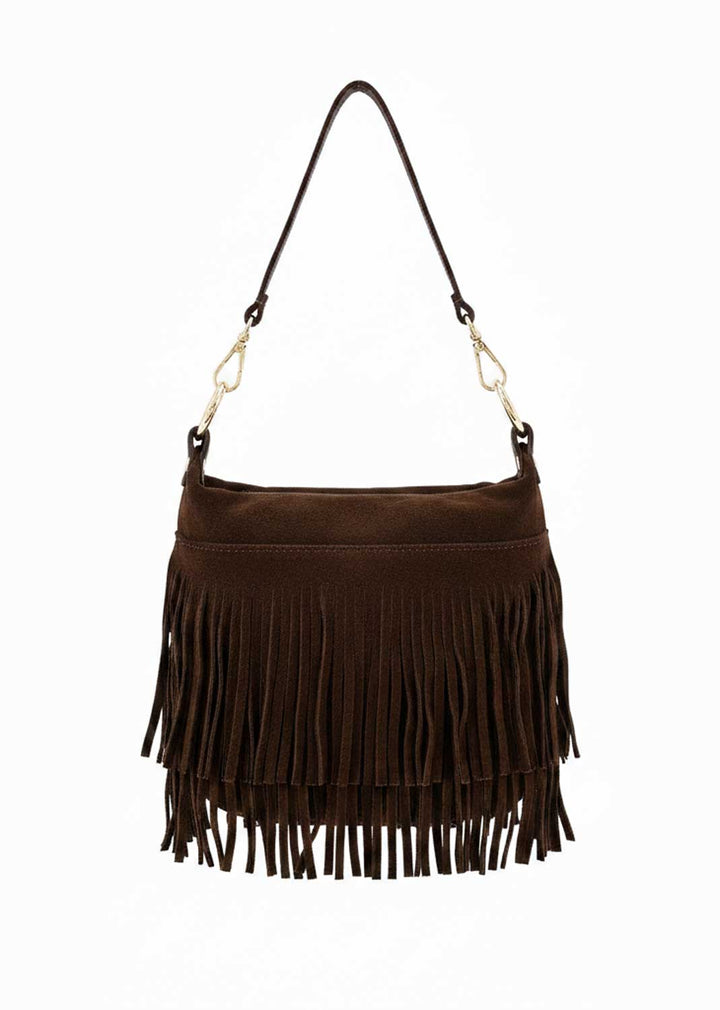 Lainey Suede Fringe Bucket Bag Brown