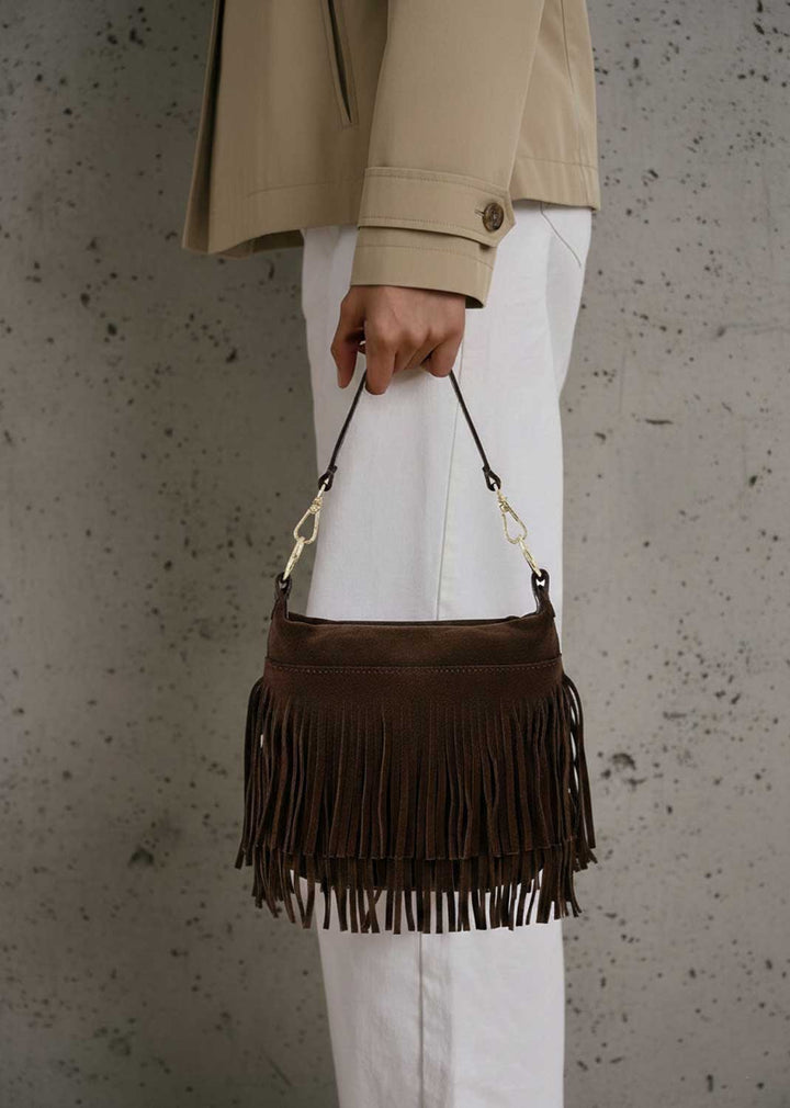 Lainey Suede Fringe Bucket Bag Brown