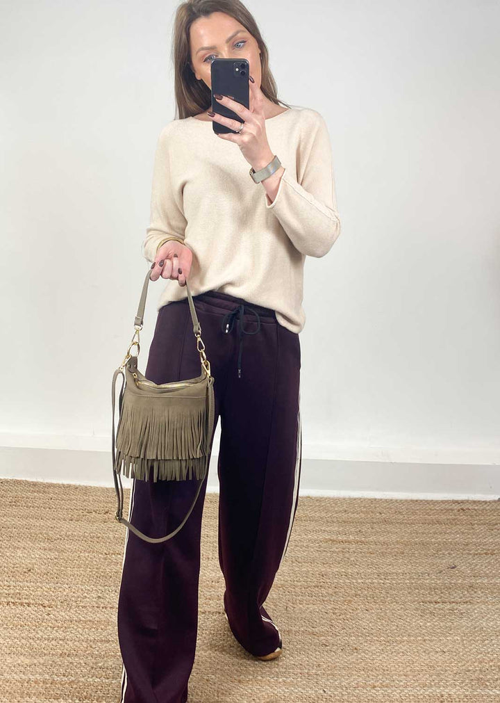 Lainey Suede Fringe Bucket Bag Taupe