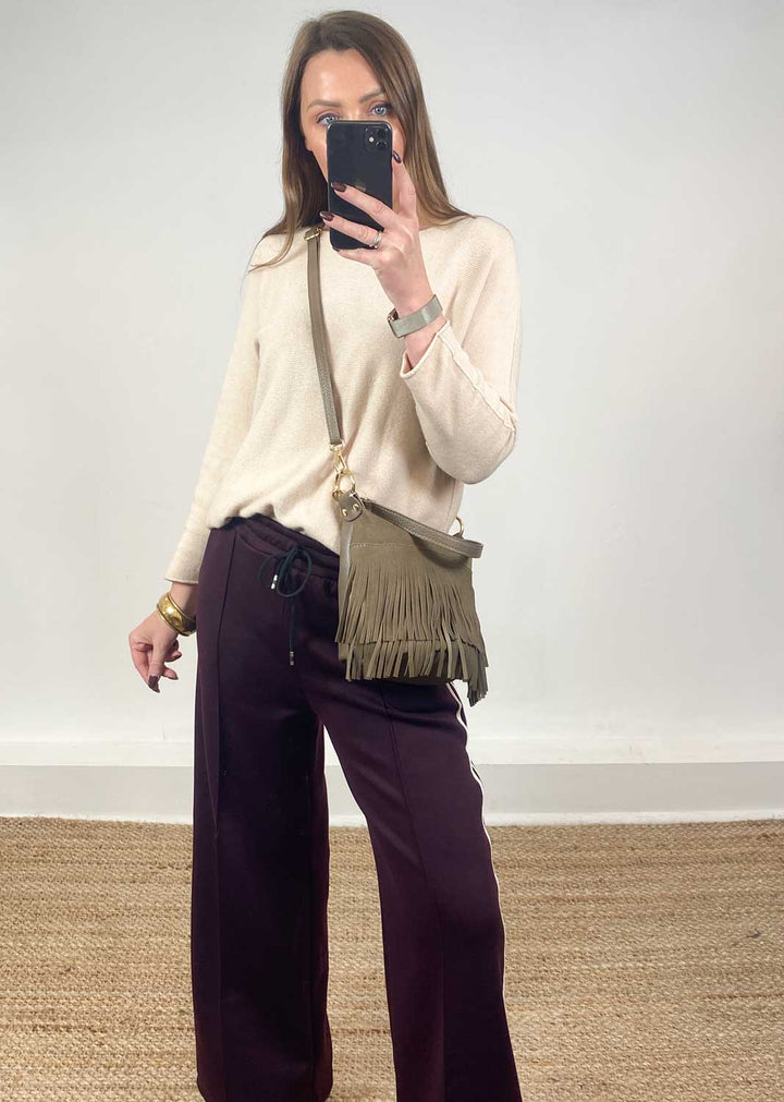Lainey Suede Fringe Bucket Bag Taupe