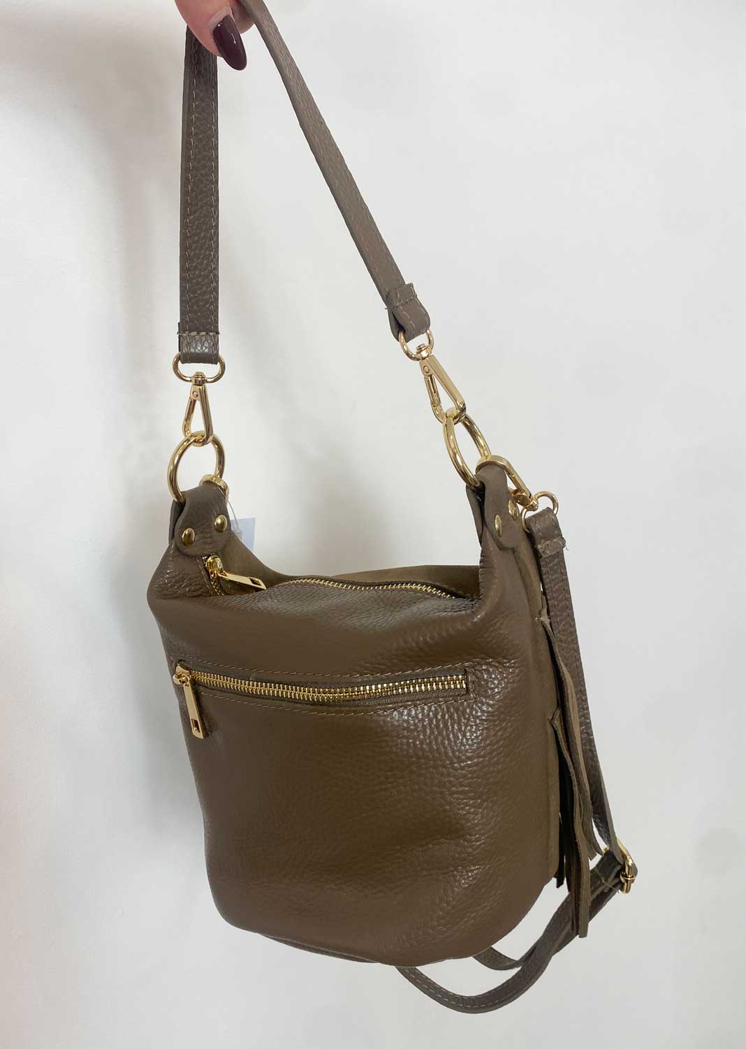 Lainey Suede Fringe Bucket Bag Taupe