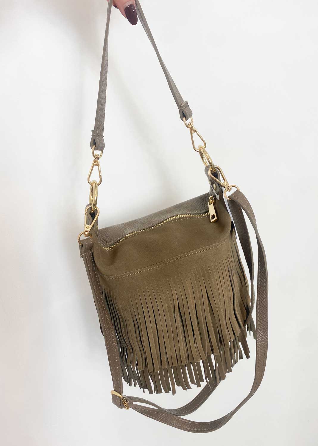 Lainey Suede Fringe Bucket Bag Taupe