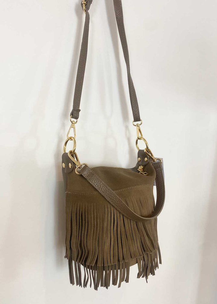 Lainey Suede Fringe Bucket Bag Taupe