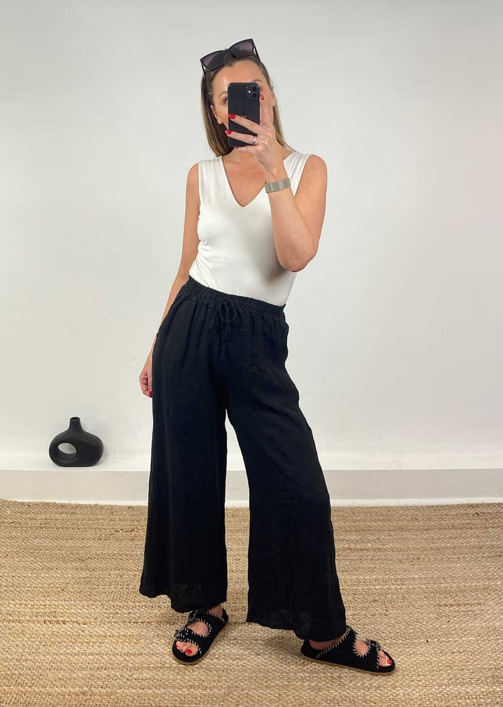 Leighton Linen Wide Leg Pants in Black
