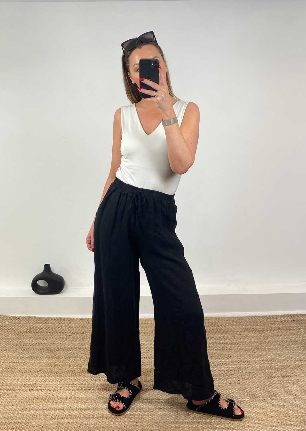 Leighton Linen Wide Leg Pants in Black