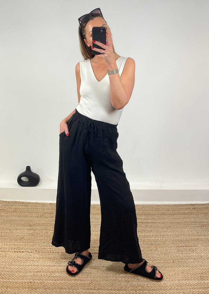 Leighton Linen Wide Leg Pants in Black