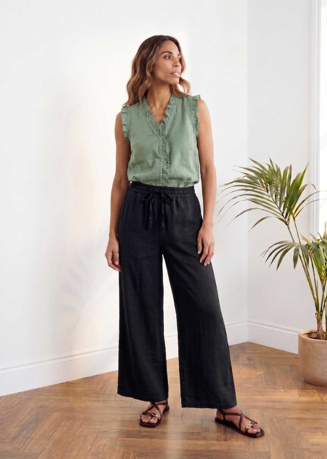 Lina Sage Green Linen Button Top
