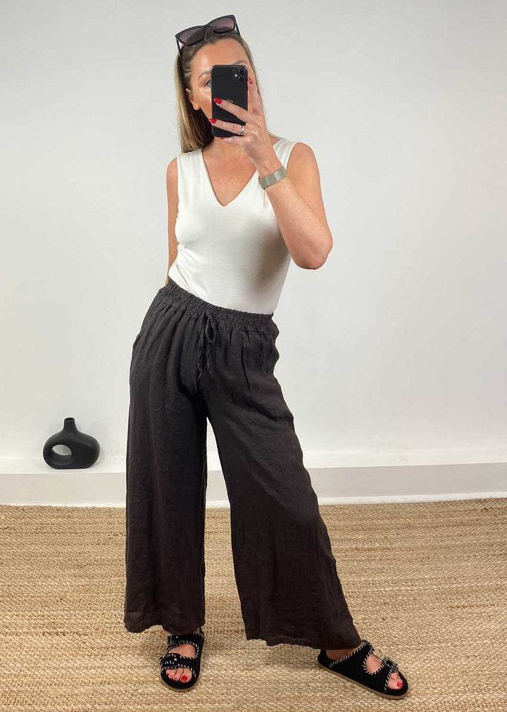 Leighton Linen Wide Leg Pants in Espresso Brown