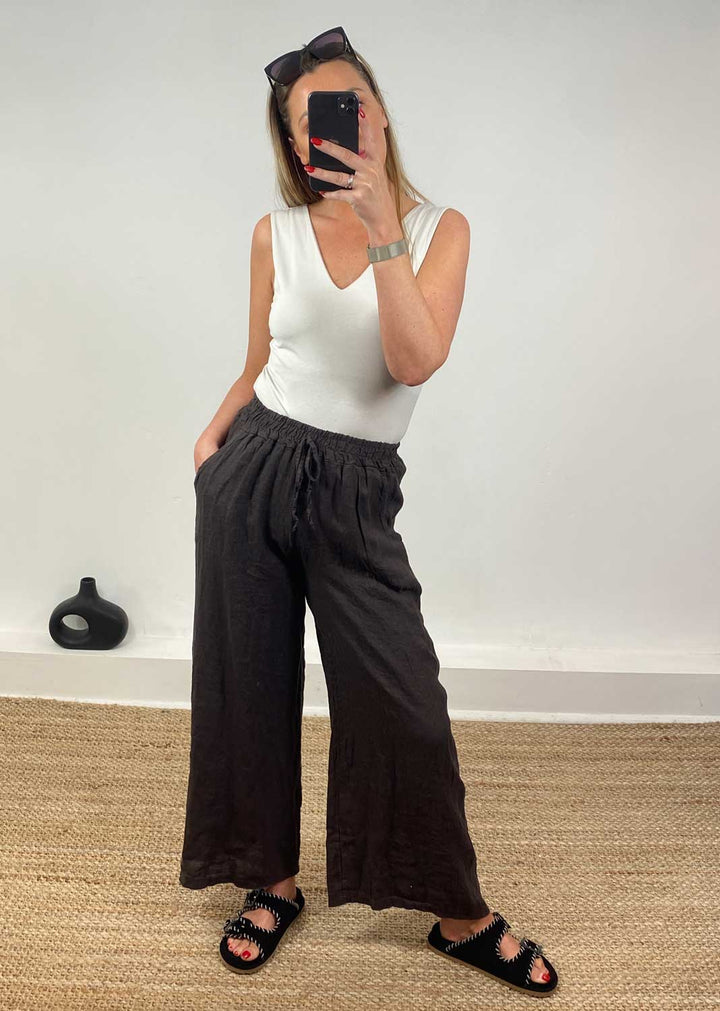 Leighton Linen Wide Leg Pants in Espresso Brown
