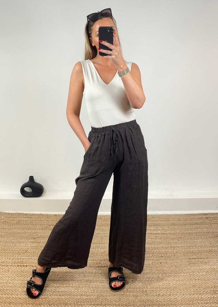 Leighton Linen Wide Leg Pants in Espresso Brown