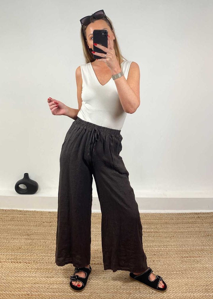 Leighton Linen Wide Leg Pants in Espresso Brown