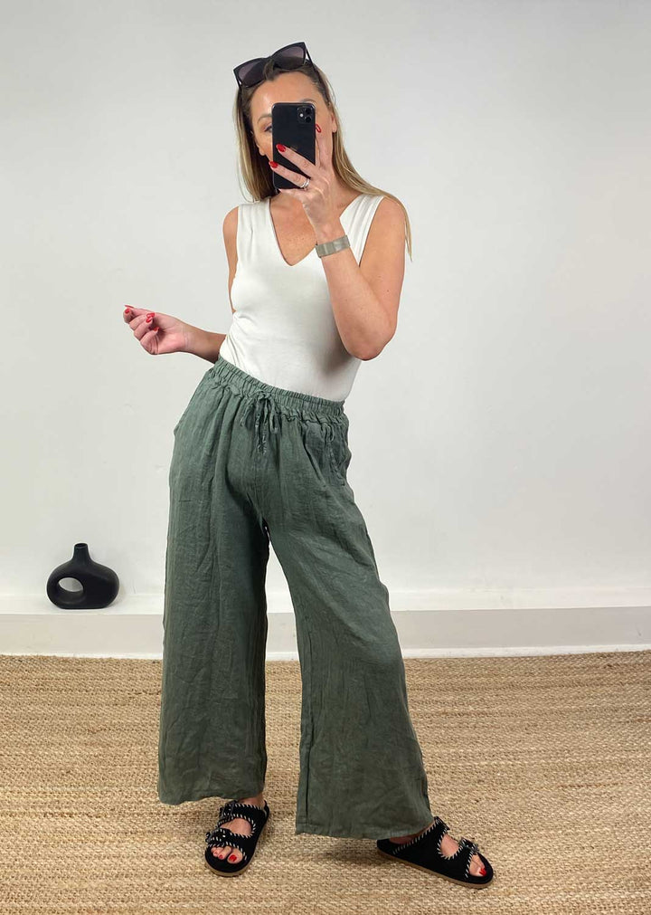 Leighton Linen Wide Leg Pants in Khaki