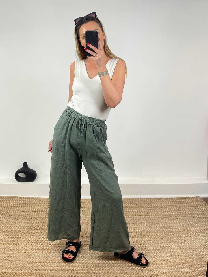 Leighton Linen Wide Leg Pants in Khaki