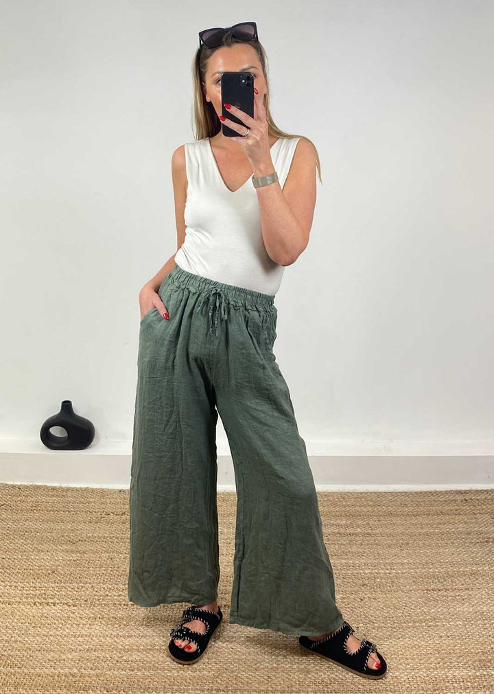 Leighton Linen Wide Leg Pants in Khaki