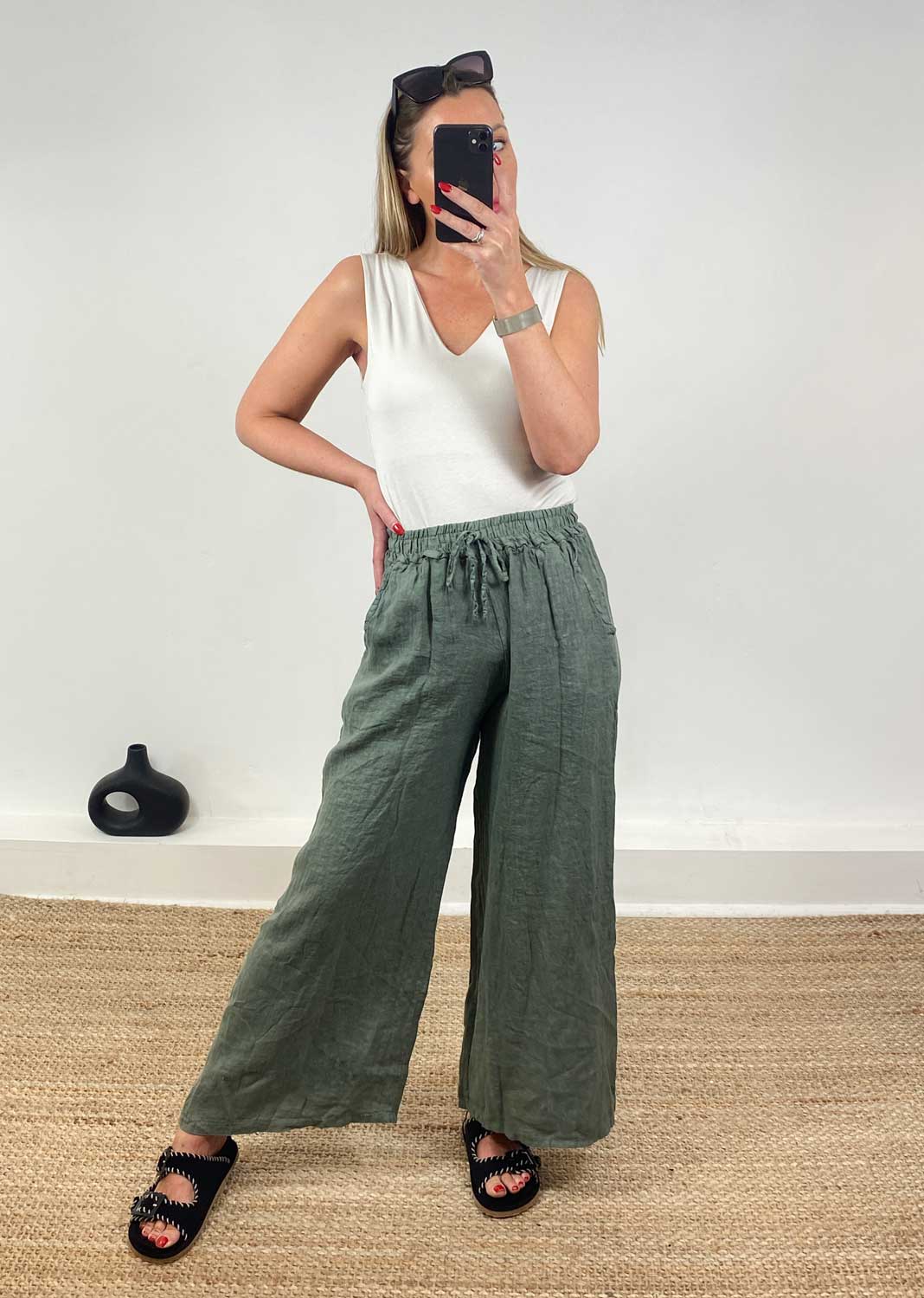 Leighton Linen Wide Leg Pants in Khaki