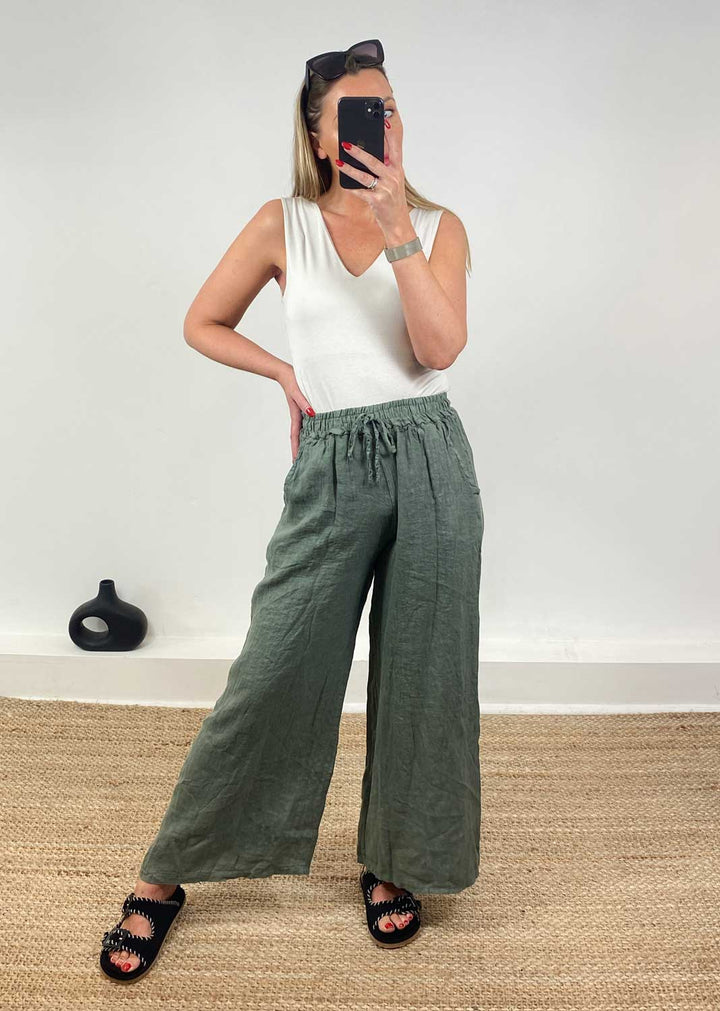 Leighton Linen Wide Leg Pants in Khaki