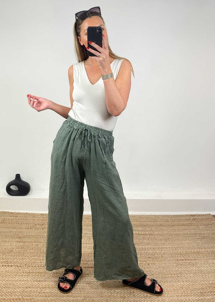 Leighton Linen Wide Leg Pants in Khaki