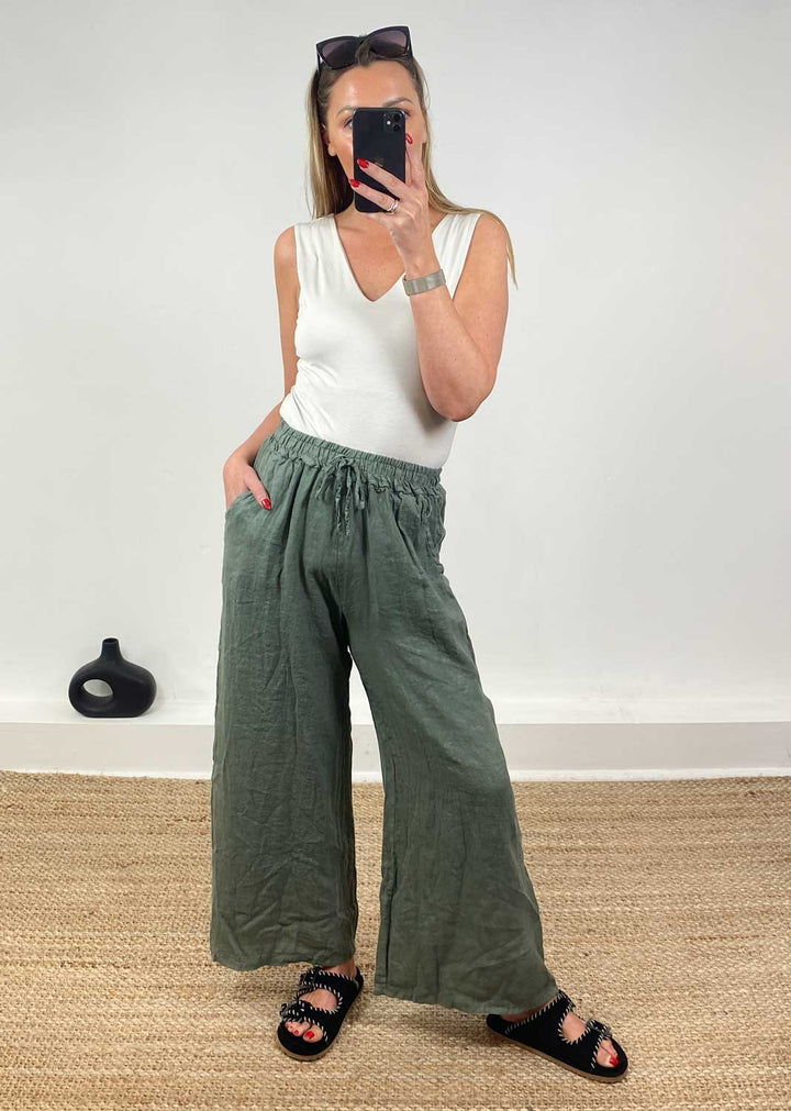 Leighton Linen Wide Leg Pants in Khaki
