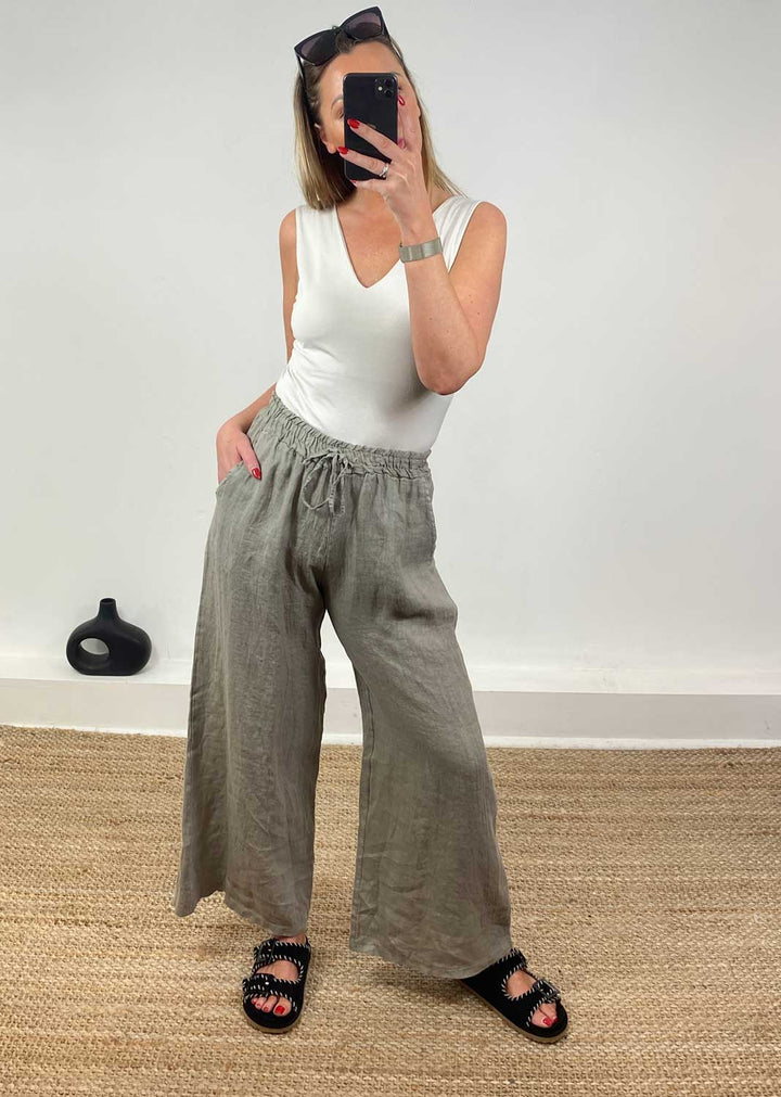 Leighton Linen Wide Leg Pants in Taupe