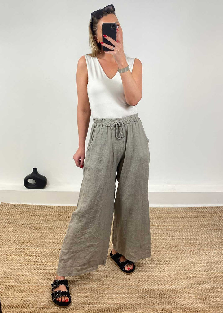Leighton Linen Wide Leg Pants in Taupe