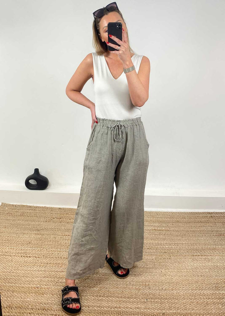 Leighton Linen Wide Leg Pants in Taupe