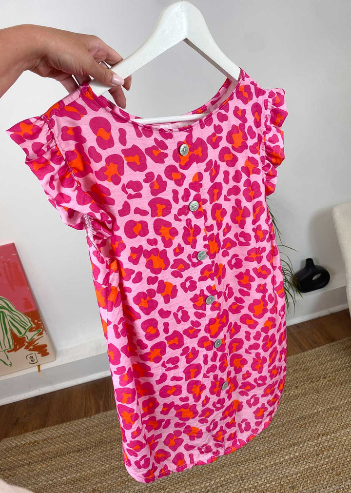 Leopard Button Back Top in Pink