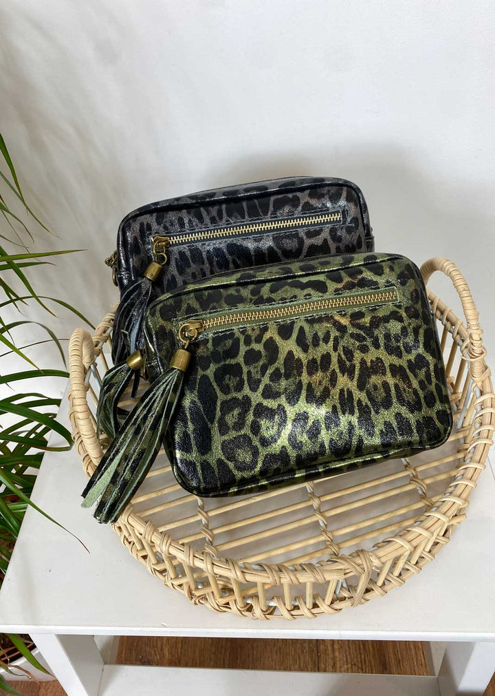 Leopard Metallic Leather Camera Bag in Khaki