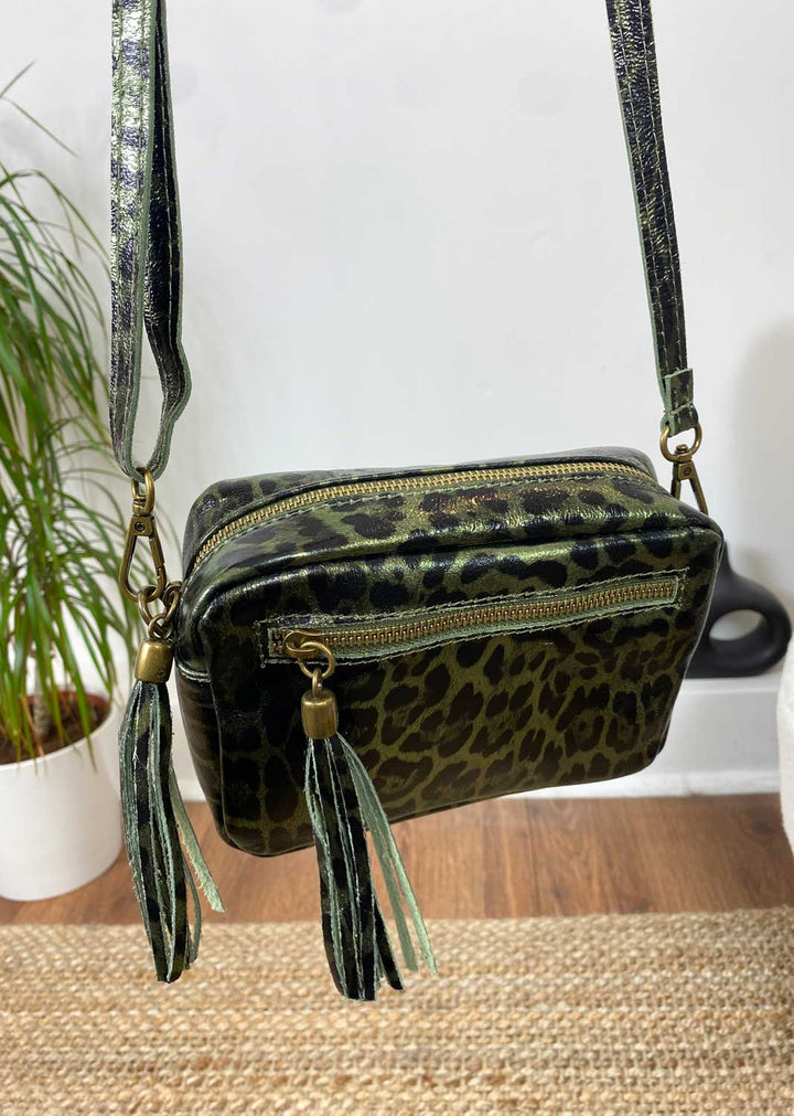 Leopard Metallic Leather Camera Bag in Khaki