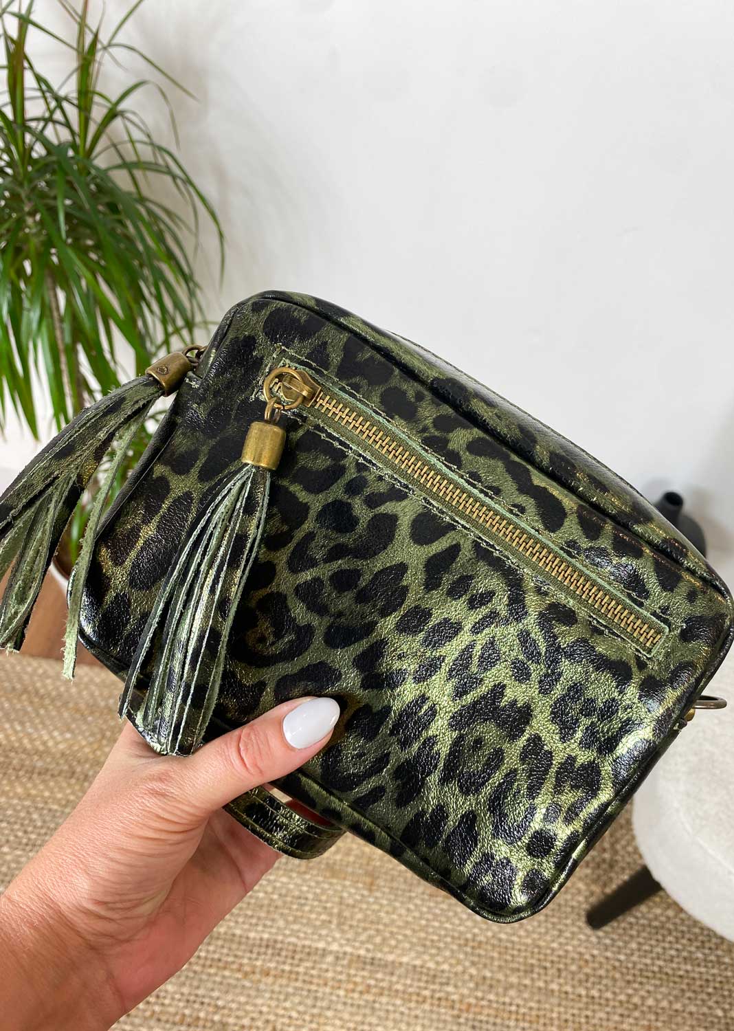 Leopard Metallic Leather Camera Bag in Khaki