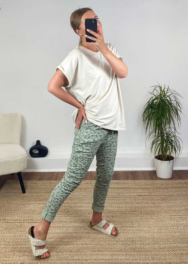 Leopard Tapered Magic Pants in Sage Green