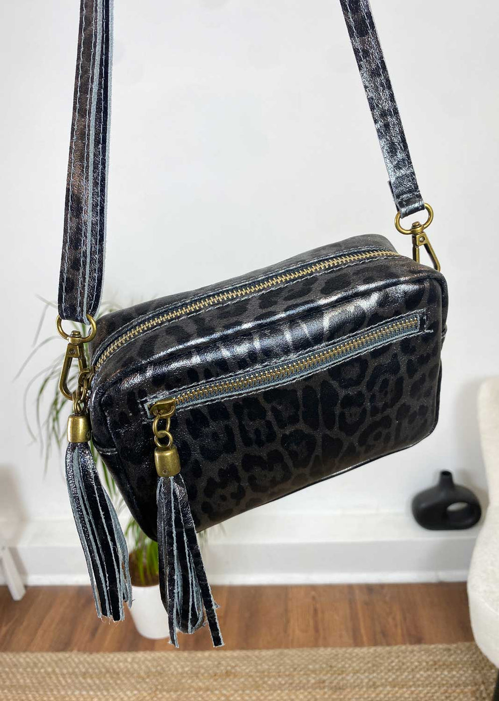 Leopard Metallic Camera Bag in Pewter
