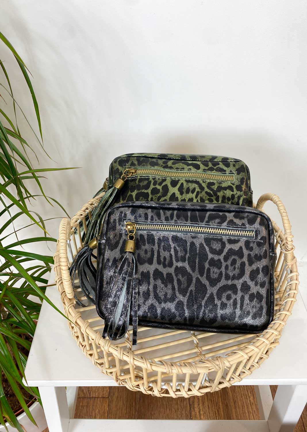 Leopard Metallic Camera Bag in Pewter
