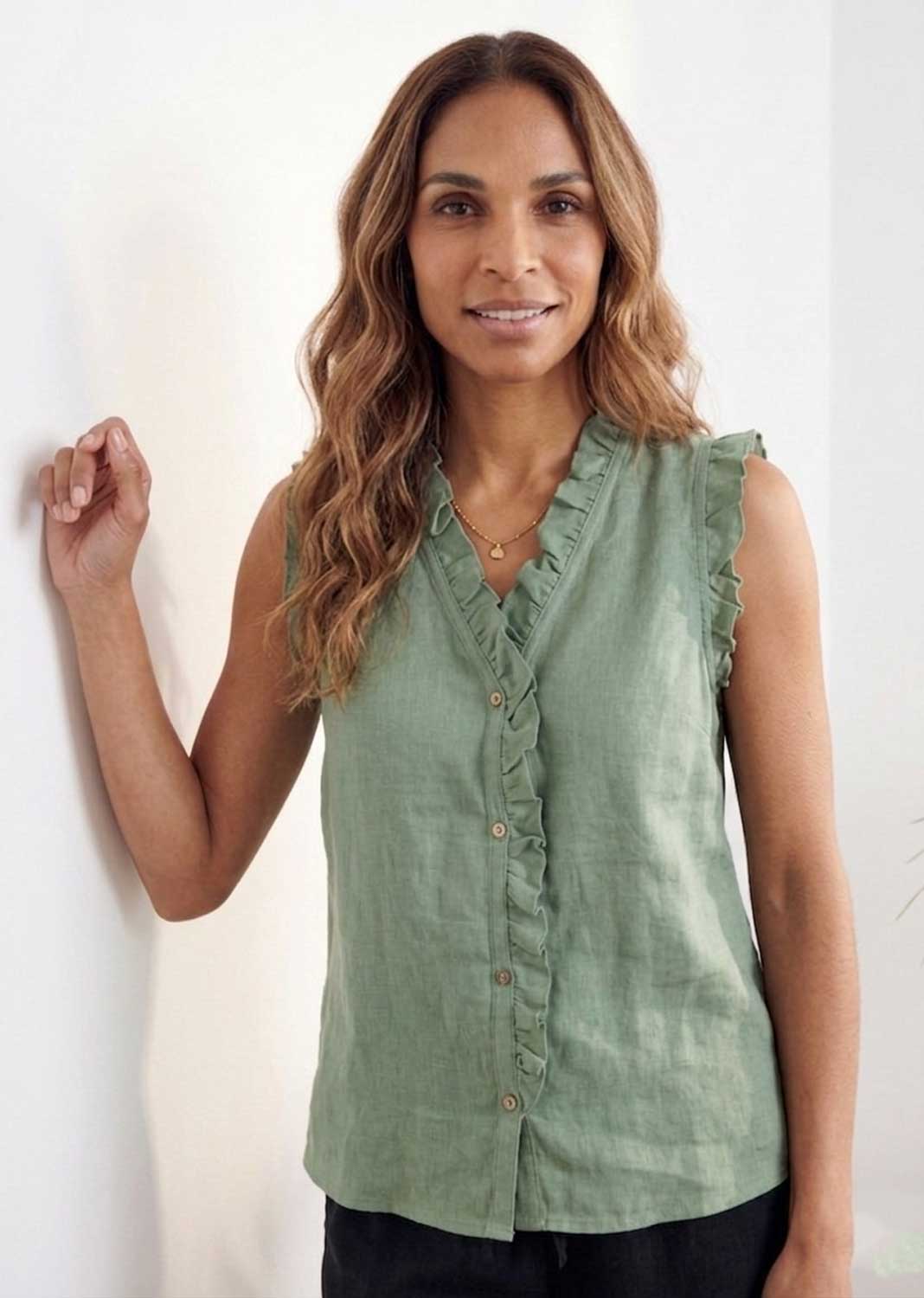 Lina Sage Green Linen Button Top