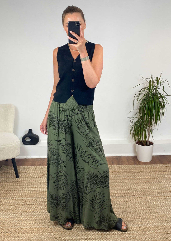 Lila Leopard Leaf Palazzo Pants in Khaki