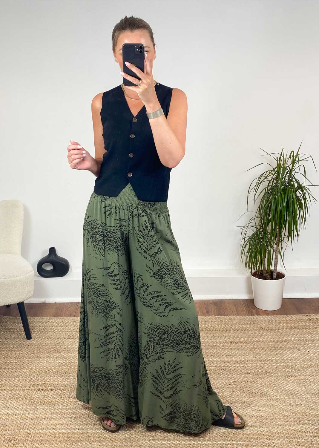 Lila Leopard Leaf Palazzo Pants in Khaki