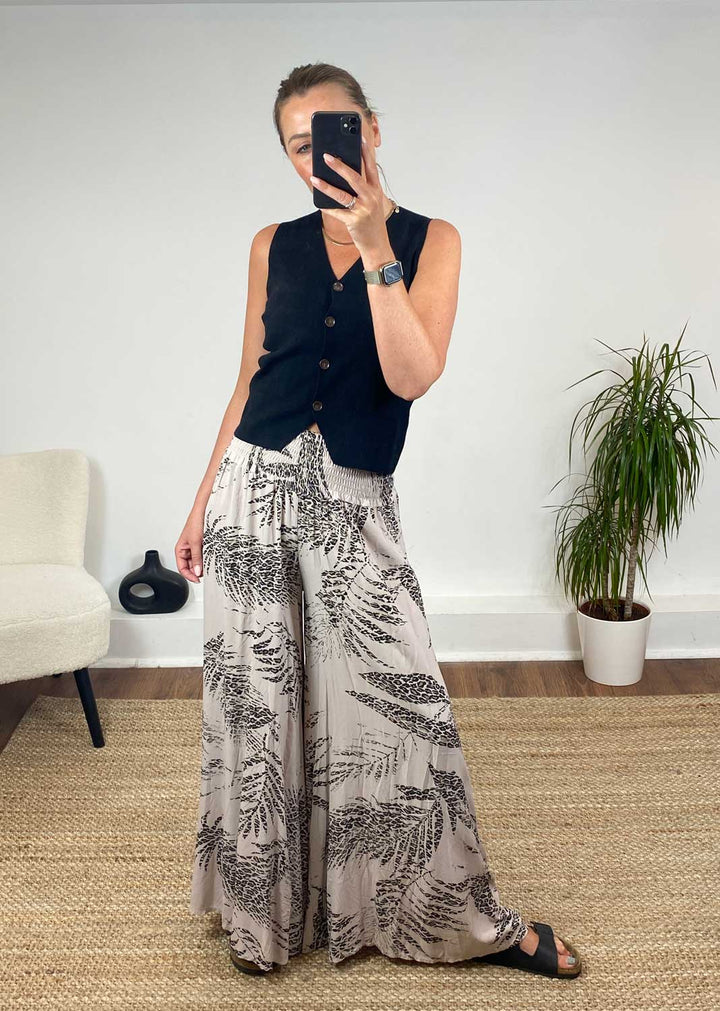 Lila Leopard Leaf Palazzo Pants in Taupe