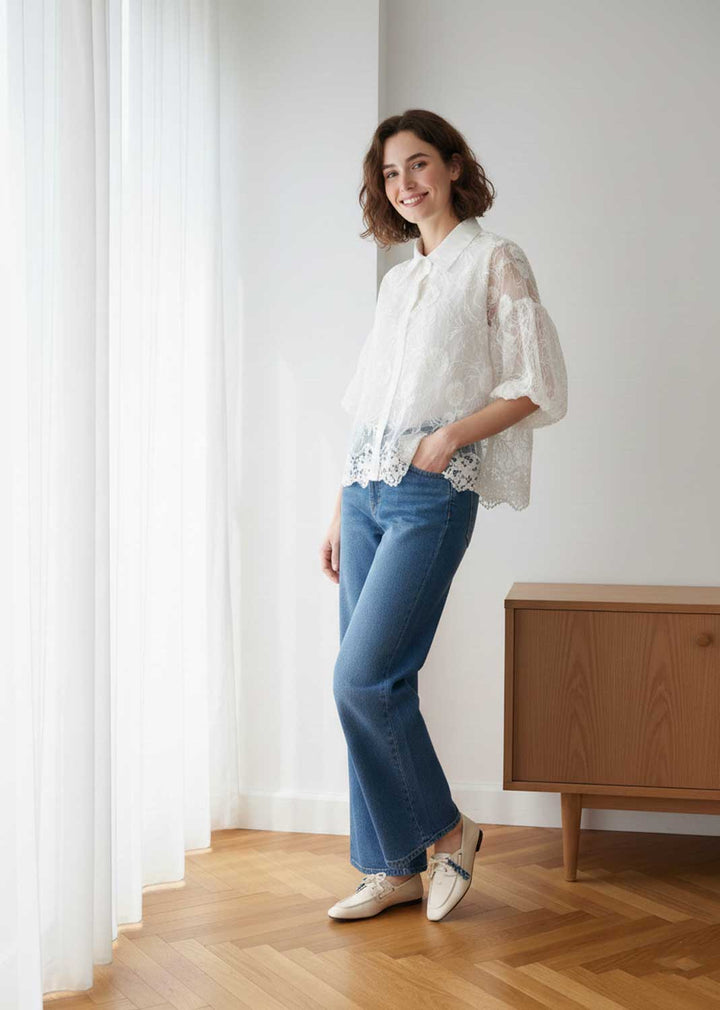 Lillian Floral Applique Shirt White