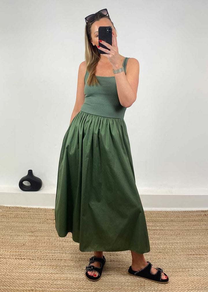 Lily Ribbed Tea Dress in Khaki